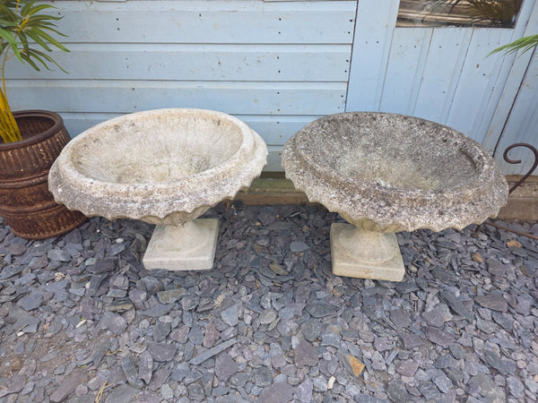 Pair Vintage Large Heavy Composite Stone Fluted Urns Garden Planter