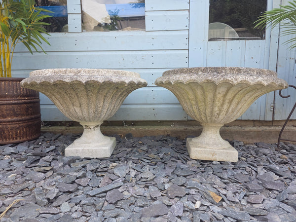 Pair Vintage Large Heavy Composite Stone Fluted Urns Garden Planter