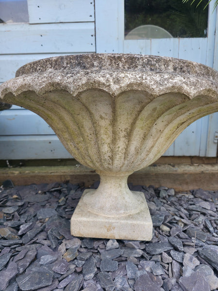 Pair Vintage Large Heavy Composite Stone Fluted Urns Garden Planter