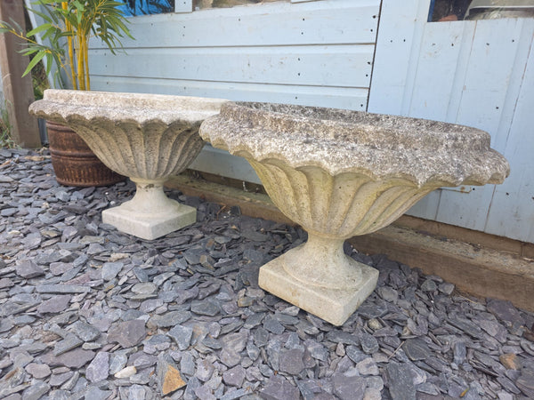 Pair Vintage Large Heavy Composite Stone Fluted Urns Garden Planter