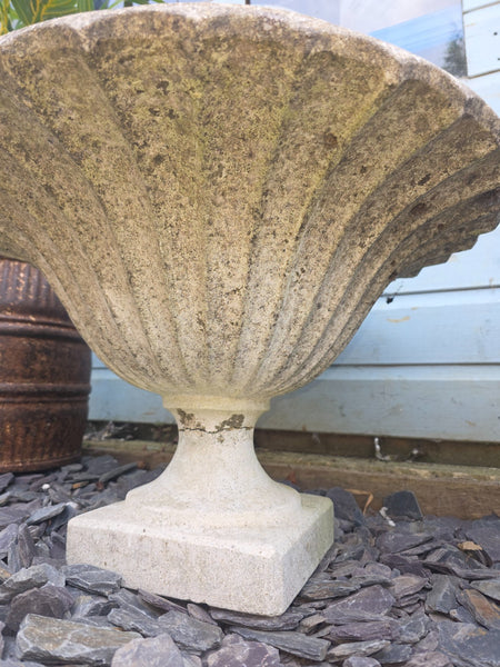 Pair Vintage Large Heavy Composite Stone Fluted Urns Garden Planter
