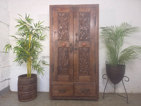 Vintage Antique Indian Solid Wooden Hand Carved Kitchen Cabinet Cupboard Armoire