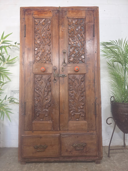 Vintage Antique Indian Solid Wooden Hand Carved Kitchen Cabinet Cupboard Armoire