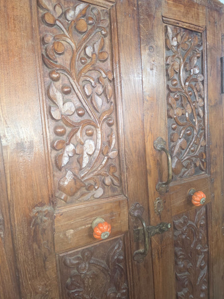 Vintage Antique Indian Solid Wooden Hand Carved Kitchen Cabinet Cupboard Armoire