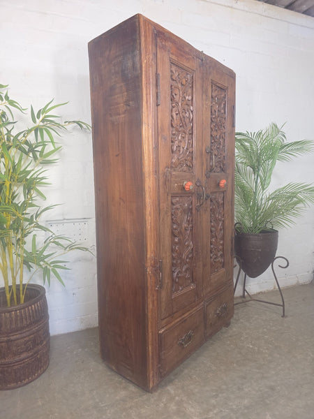 Vintage Antique Indian Solid Wooden Hand Carved Kitchen Cabinet Cupboard Armoire