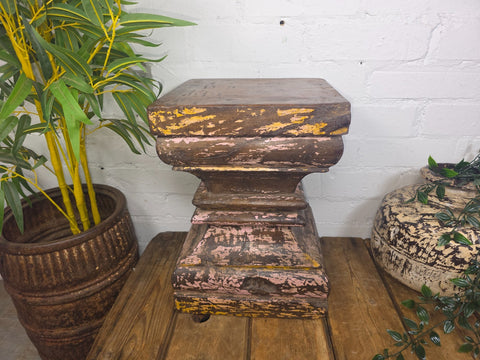 Vintage Antique Indian Hand Carved Pillar Base Side Table Plant Stand Plinth