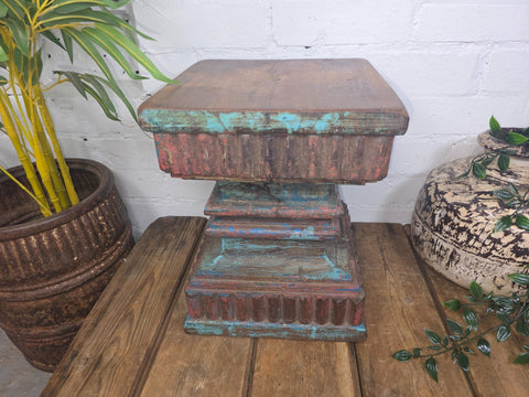 Vintage Antique Indian Hand Carved Pillar Base Side Table Plant Stand Plinth