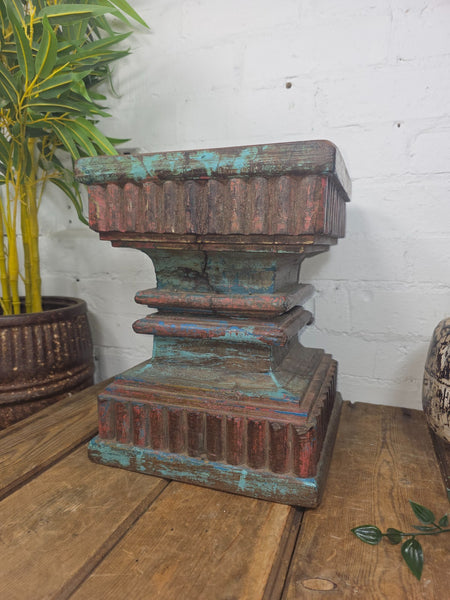 Vintage Antique Indian Hand Carved Pillar Base Side Table Plant Stand Plinth