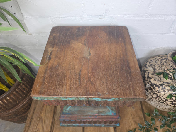 Vintage Antique Indian Hand Carved Pillar Base Side Table Plant Stand Plinth