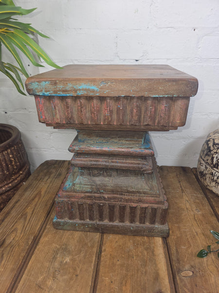 Vintage Antique Indian Hand Carved Pillar Base Side Table Plant Stand Plinth