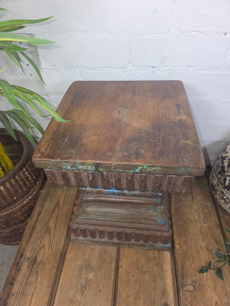 Vintage Antique Indian Hand Carved Pillar Base Side Table Plant Stand Plinth