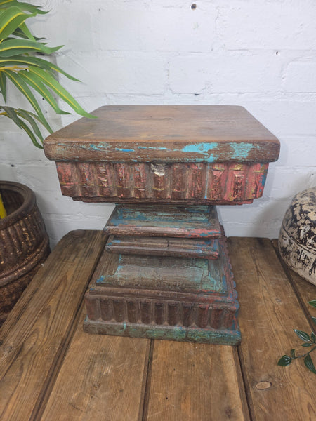 Vintage Antique Indian Hand Carved Pillar Base Side Table Plant Stand Plinth