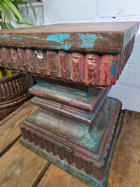 Vintage Antique Indian Hand Carved Pillar Base Side Table Plant Stand Plinth