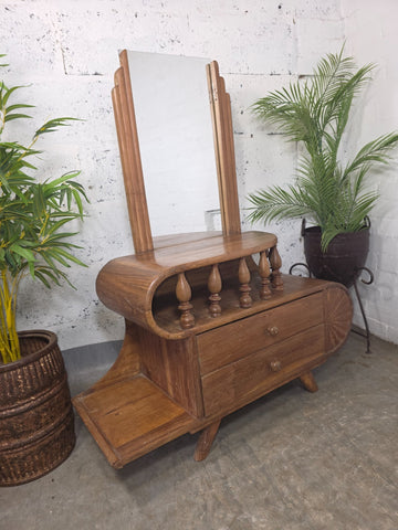 Vintage Small Indian Colonial Teak Dressing Table Drawers Hallway Console Table Mirror