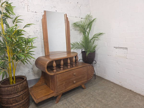 Vintage Small Indian Colonial Teak Dressing Table Drawers Hallway Console Table Mirror