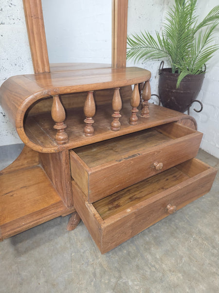 Vintage Small Indian Colonial Teak Dressing Table Drawers Hallway Console Table Mirror