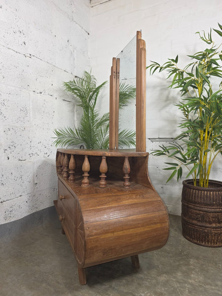 Vintage Small Indian Colonial Teak Dressing Table Drawers Hallway Console Table Mirror