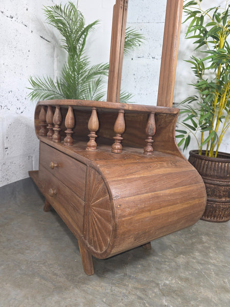 Vintage Small Indian Colonial Teak Dressing Table Drawers Hallway Console Table Mirror