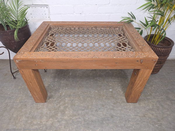 Vintage Reclaimed Indian Solid Wooden Iron Lattice Coffee Side Garden Table
