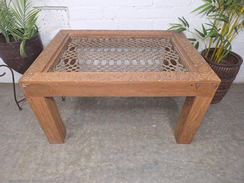 Vintage Reclaimed Indian Solid Wooden Iron Lattice Coffee Side Garden Table