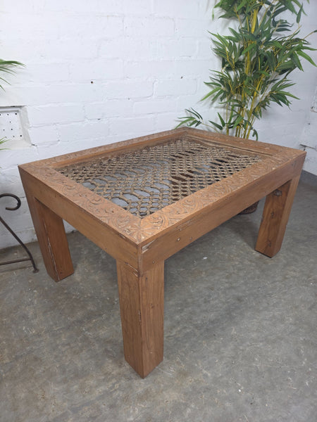 Vintage Reclaimed Indian Solid Wooden Iron Lattice Coffee Side Garden Table