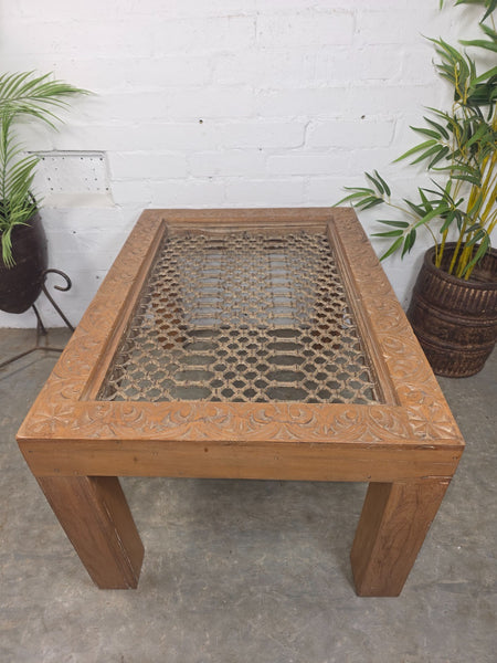 Vintage Reclaimed Indian Solid Wooden Iron Lattice Coffee Side Garden Table