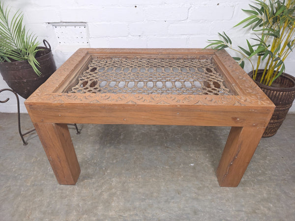 Vintage Reclaimed Indian Solid Wooden Iron Lattice Coffee Side Garden Table