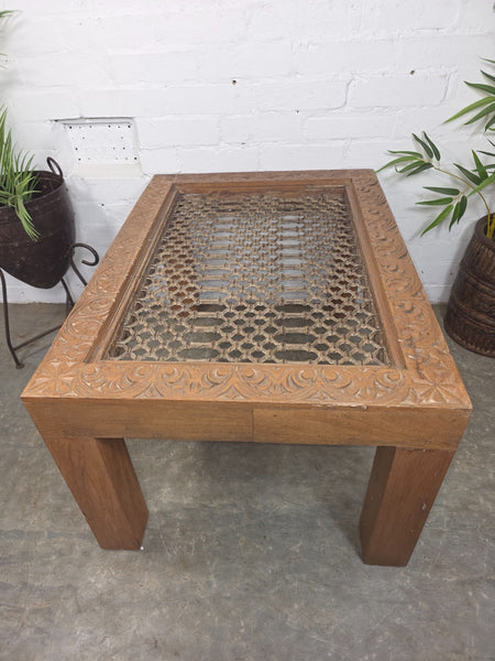 Vintage Reclaimed Indian Solid Wooden Iron Lattice Coffee Side Garden Table