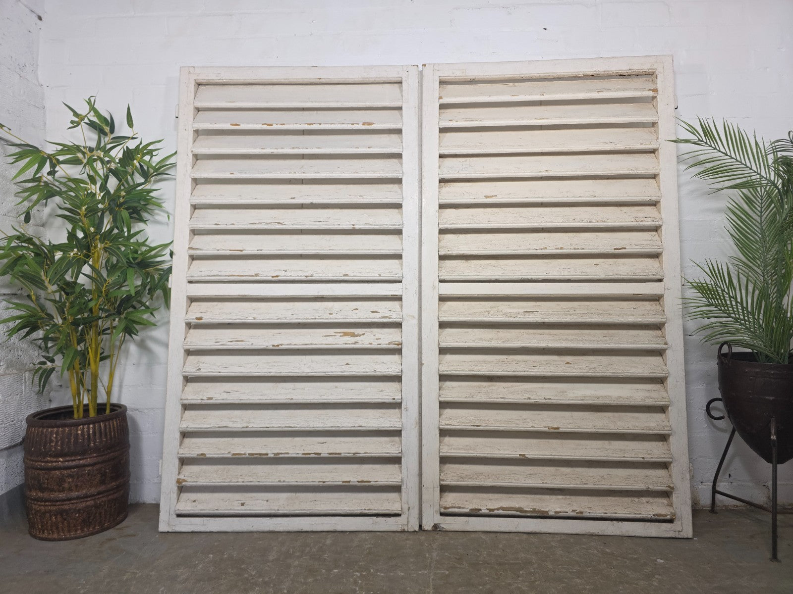 Pair Large Vintage Rustic French White Wooden Window Shutters Saloon Doors