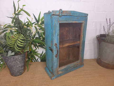 Vintage Indian Wooden Glazed Display Hallway Kitchen Wall Cabinet Key Spice Rack