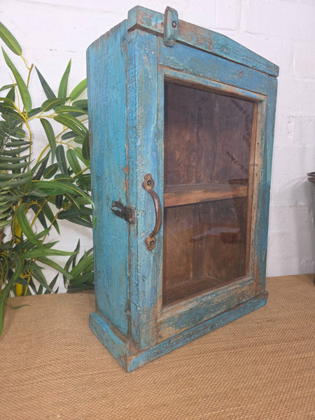 Vintage Indian Wooden Glazed Display Hallway Kitchen Wall Cabinet Key Spice Rack