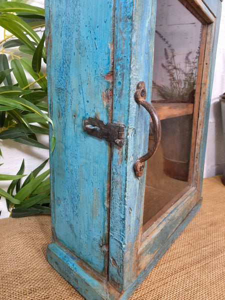 Vintage Indian Wooden Glazed Display Hallway Kitchen Wall Cabinet Key Spice Rack