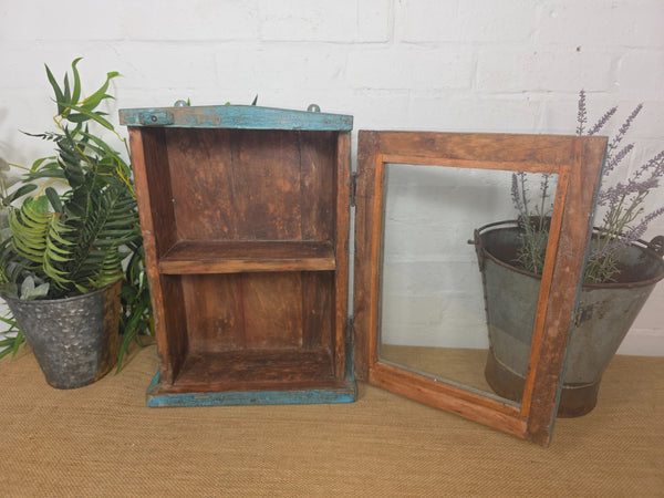 Vintage Indian Wooden Glazed Display Hallway Kitchen Wall Cabinet Key Spice Rack