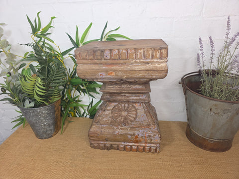Vintage Antique Indian Hand Carved Pillar Base Side Table Plant Stand Plinth