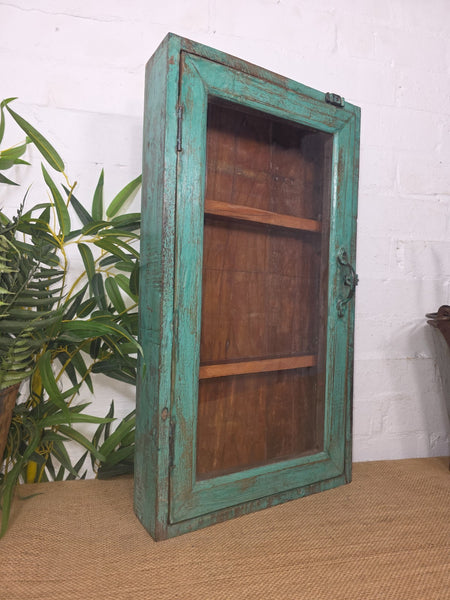 Vintage Indian Wooden Glazed Display Hallway Kitchen Wall Cabinet Key Spice Rack