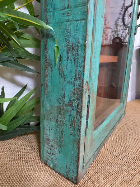 Vintage Indian Wooden Glazed Display Hallway Kitchen Wall Cabinet Key Spice Rack