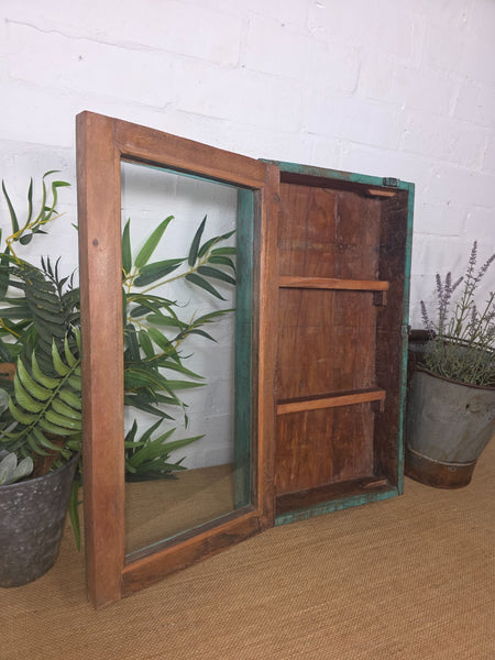 Vintage Indian Wooden Glazed Display Hallway Kitchen Wall Cabinet Key Spice Rack