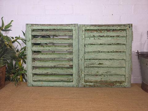 Pair Small Vintage Rustic French Green Wooden Louvered Window Shutters