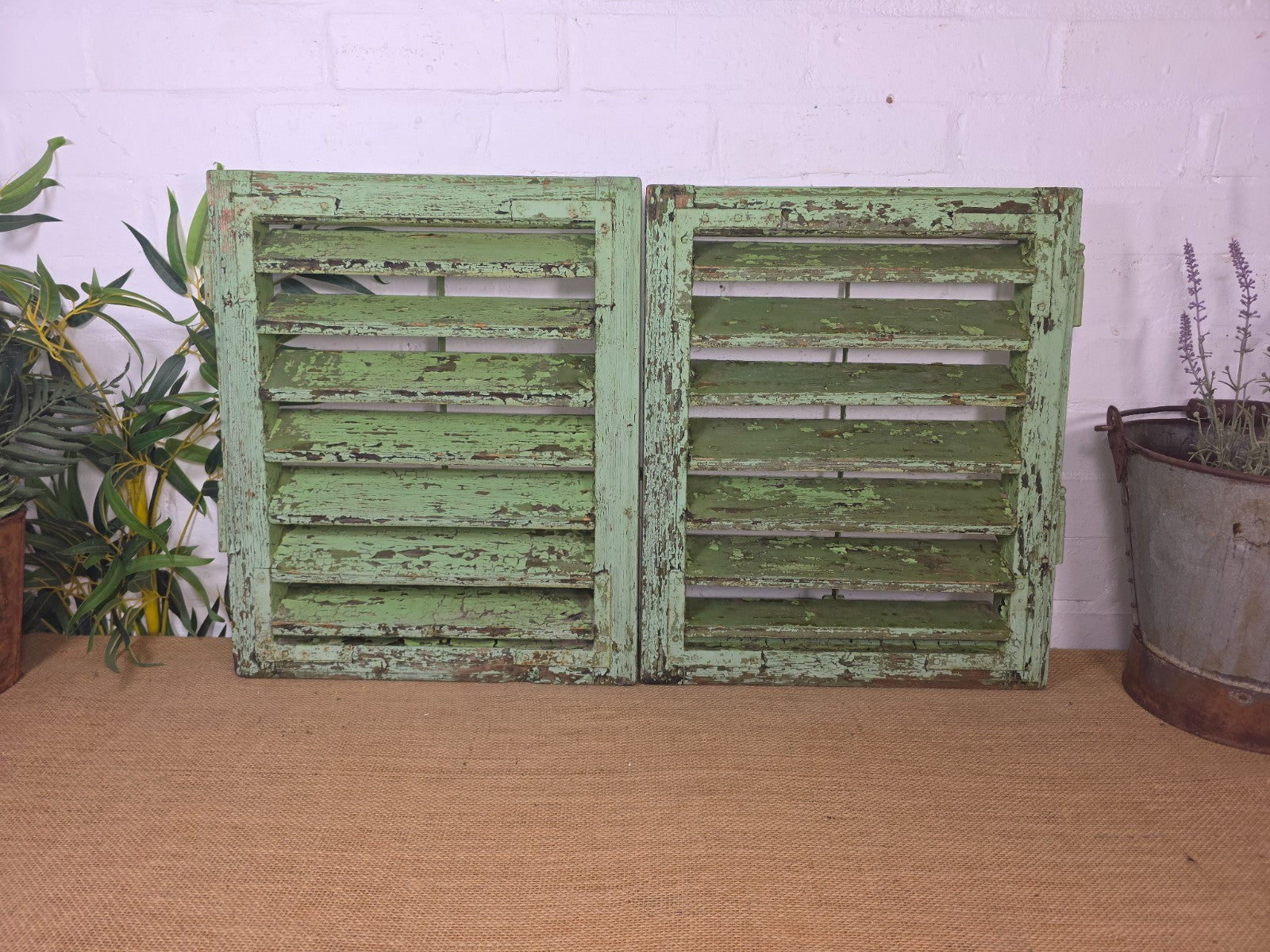 Pair Small Vintage Rustic French Green Wooden Louvered Window Shutters
