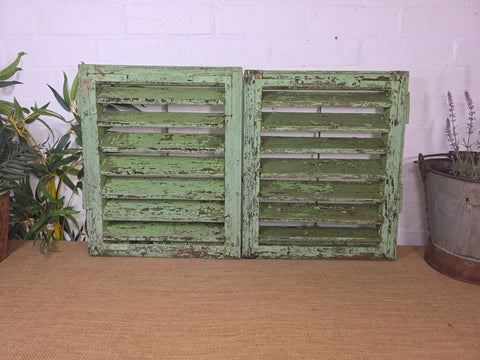 Pair Small Vintage Rustic French Green Wooden Louvered Window Shutters