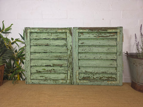 Pair Small Vintage Rustic French Green Wooden Louvered Window Shutters