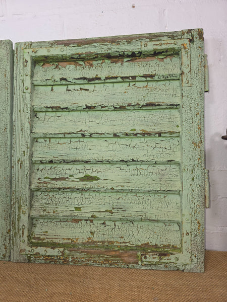 Pair Small Vintage Rustic French Green Wooden Louvered Window Shutters
