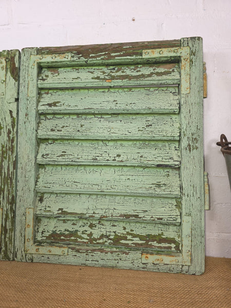 Pair Small Vintage Rustic French Green Wooden Louvered Window Shutters