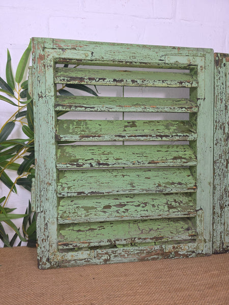 Pair Small Vintage Rustic French Green Wooden Louvered Window Shutters