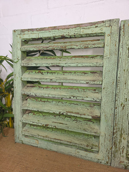 Pair Small Vintage Rustic French Green Wooden Louvered Window Shutters