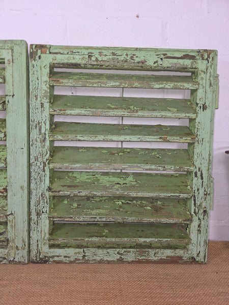 Pair Small Vintage Rustic French Green Wooden Louvered Window Shutters