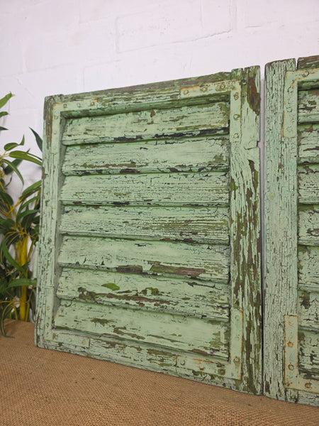 Pair Small Vintage Rustic French Green Wooden Louvered Window Shutters