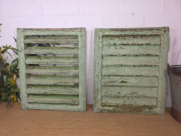 Pair Small Vintage Rustic French Green Wooden Louvered Window Shutters