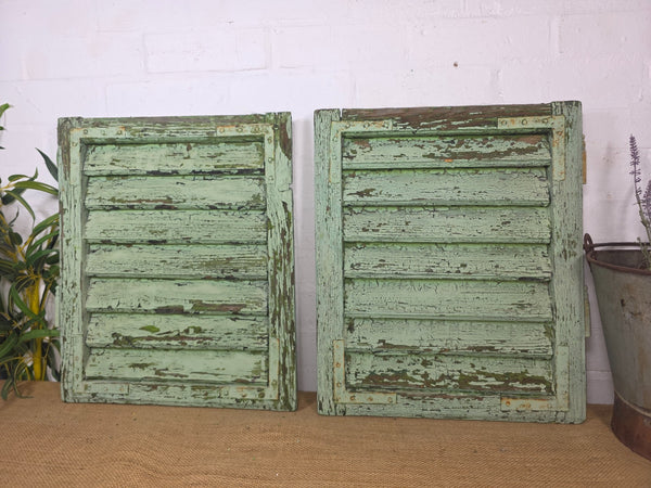 Pair Small Vintage Rustic French Green Wooden Louvered Window Shutters