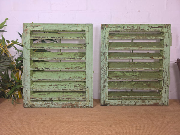Pair Small Vintage Rustic French Green Wooden Louvered Window Shutters